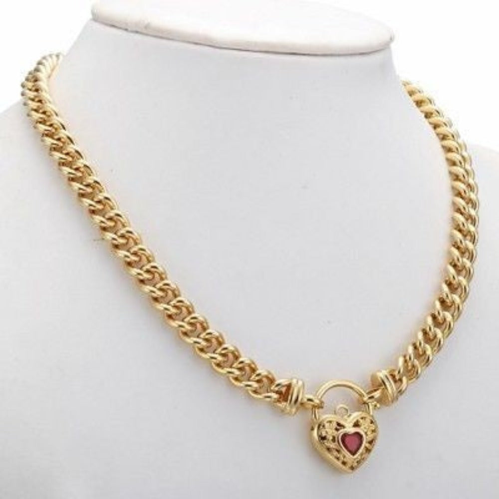 18ct Heavy Yellow Gold Plated Euro Chain Necklace with a Filigree Locket Featuring a Simulated Ruby - USA Made-0